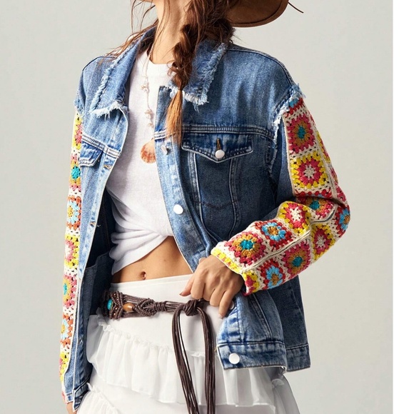 Boho Medium Wash Floral Crochet Sleeve Oversized Jean Jacket - Picture 4 of 7